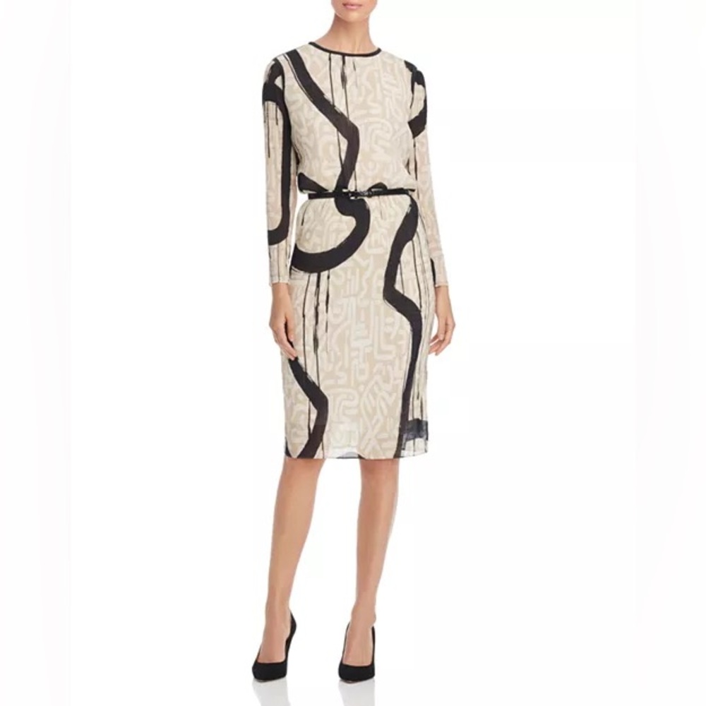 Max Mara Bina Long Sleeve Textured Chiffon Day to Dinner Dress Sz 10 Cream/Black - Picture 6 of 15